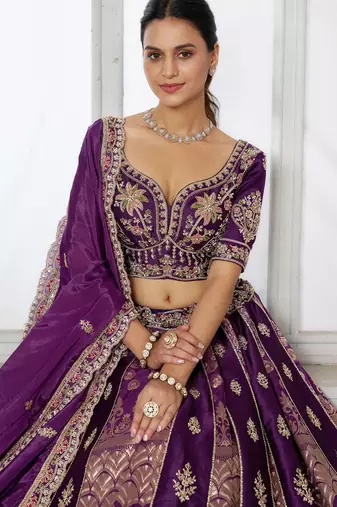 Purple Designer Embroidery With Hand Work Silk Blend Semi Stitched Lehenga Set