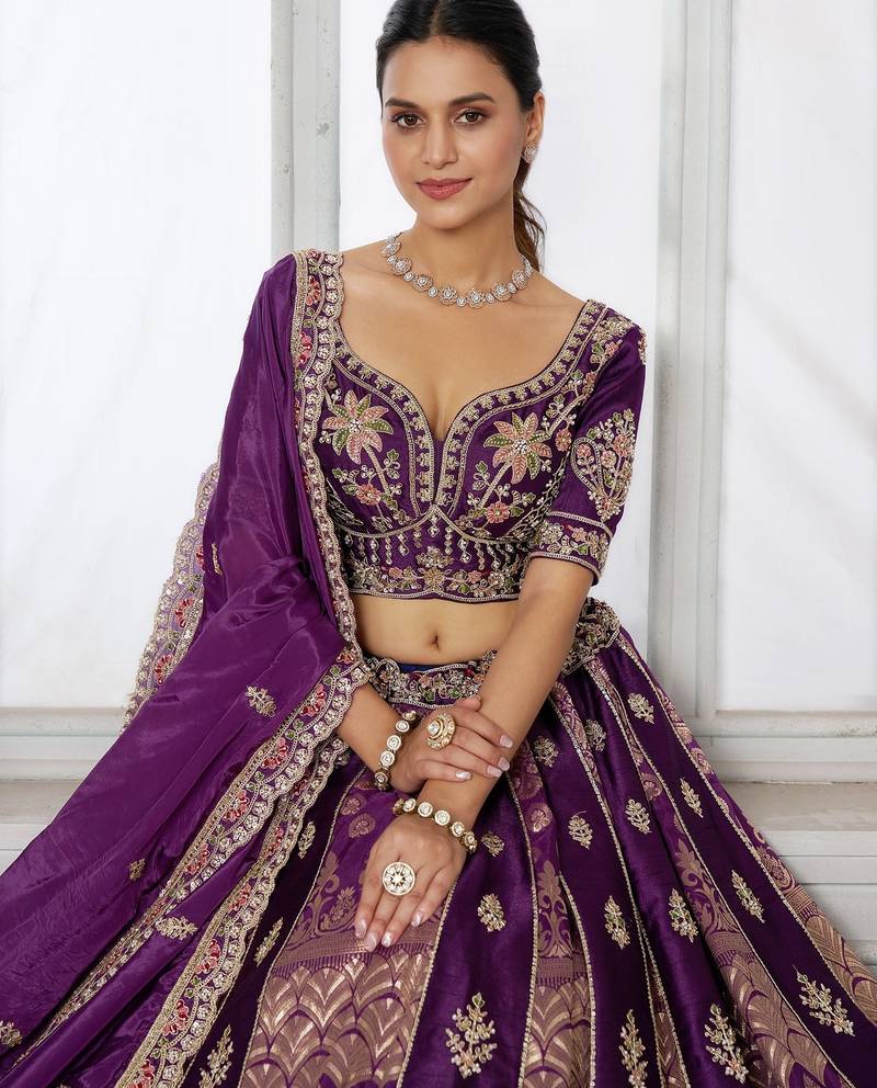 Purple Designer Embroidery With Hand Work Silk Blend Semi Stitched Lehenga Set