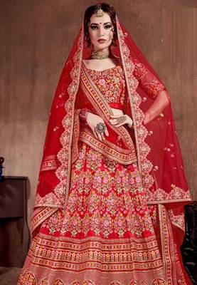 Red Stone Embroidered & Sequins Silk Blend Semi Stitched Lehenga Set 2
