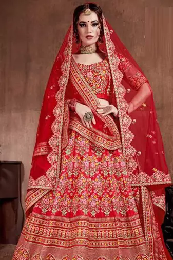 Red Stone Embroidered & Sequins Silk Blend Semi Stitched Lehenga Set