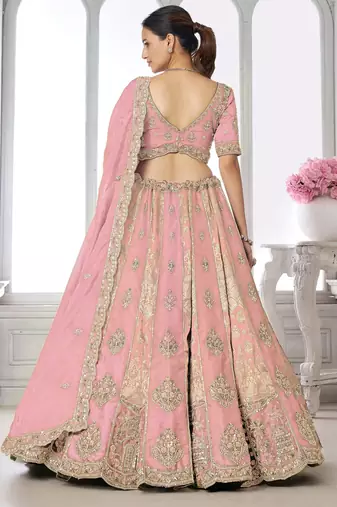Pink Designer Embroidery With Hand Work Silk Blend Semi Stitched Lehenga Set