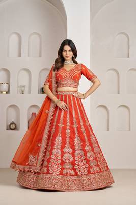 Orange Designer Embroidery With Hand Work Silk Blend Semi Stitched Lehenga Set 1