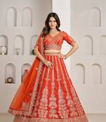 Orange Designer Embroidery With Hand Work Silk Blend Semi Stitched Lehenga Set