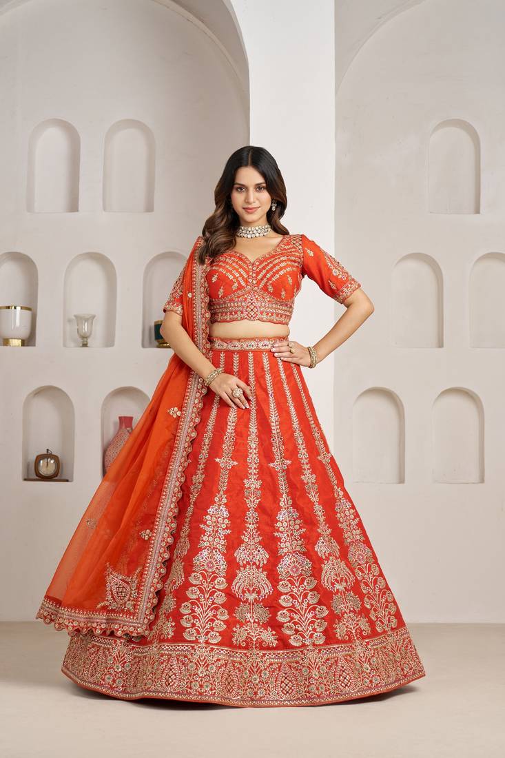 Orange Designer Embroidery With Hand Work Silk Blend Semi Stitched Lehenga Set
