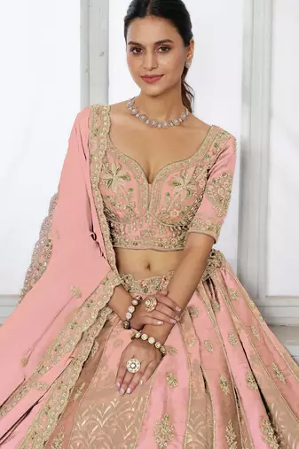 Pink Designer Embroidery With Hand Work Silk Blend Semi Stitched Lehenga Set
