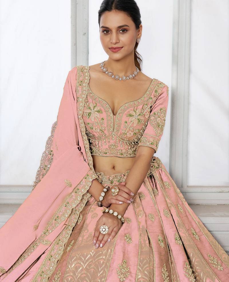 Pink Designer Embroidery With Hand Work Silk Blend Semi Stitched Lehenga Set