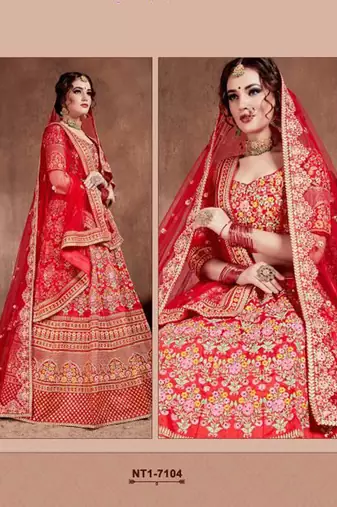 Red Stone Embroidered & Sequins Silk Blend Semi Stitched Lehenga Set