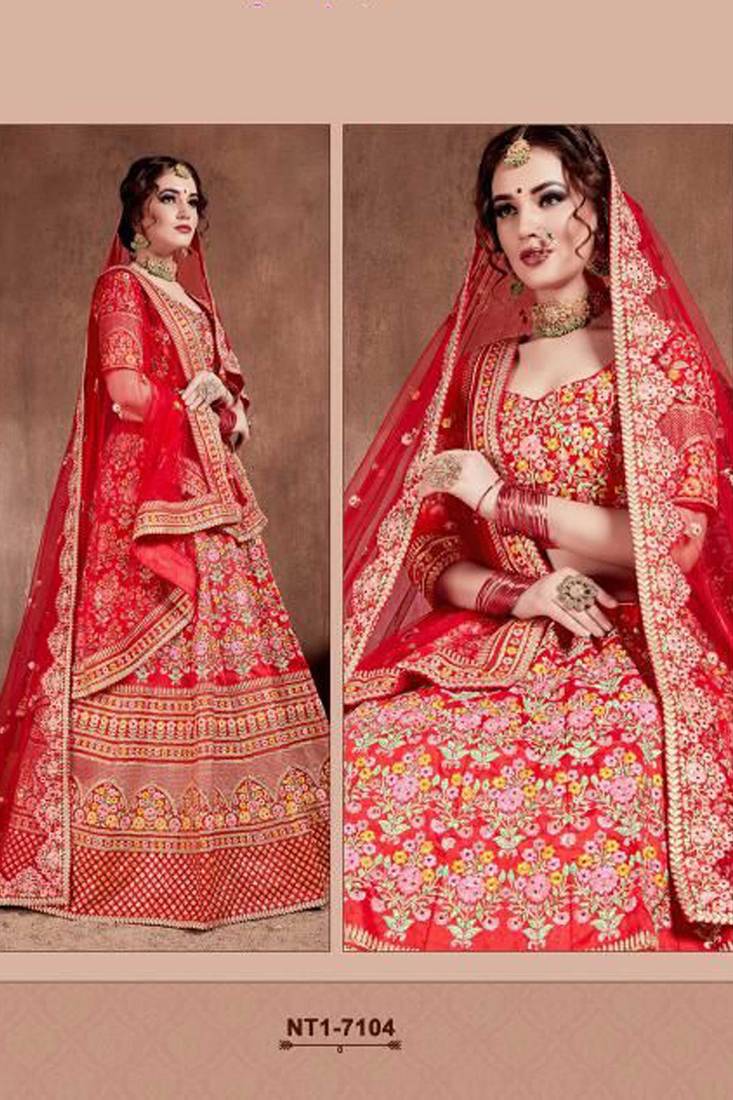 Red Stone Embroidered & Sequins Silk Blend Semi Stitched Lehenga Set
