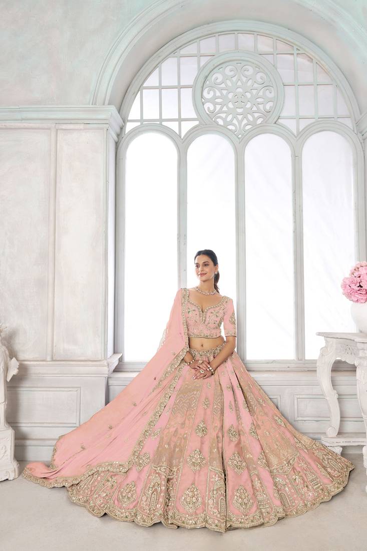 Pink Designer Embroidery With Hand Work Silk Blend Semi Stitched Lehenga Set