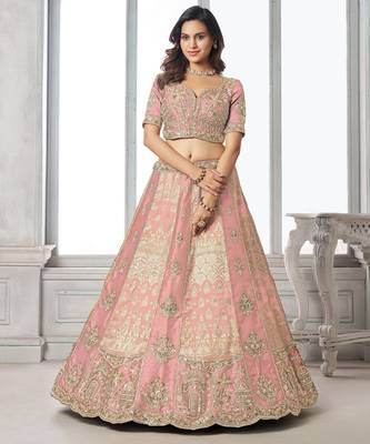 Pink Designer Embroidery With Hand Work Silk Blend Semi Stitched Lehenga Set 5