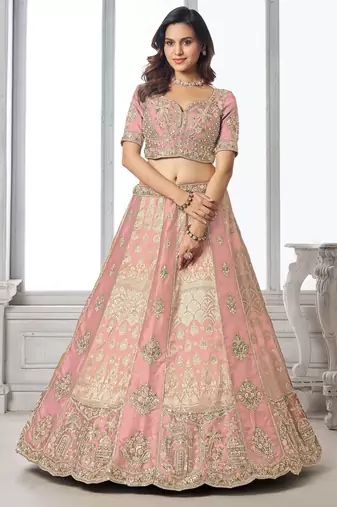 Pink Designer Embroidery With Hand Work Silk Blend Semi Stitched Lehenga Set