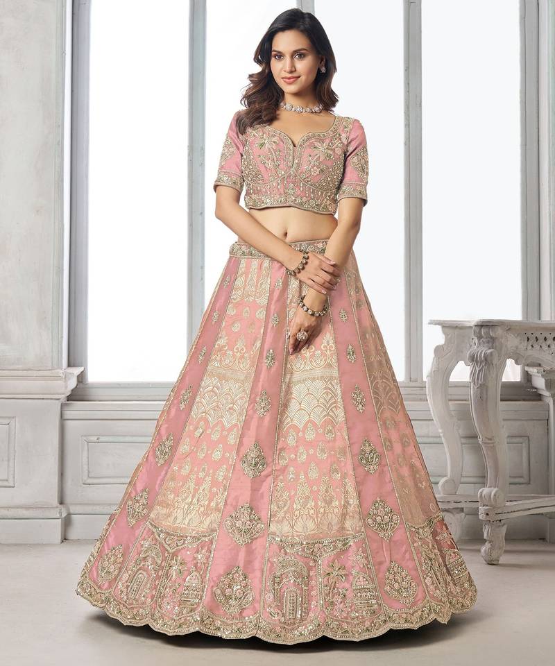 Pink Designer Embroidery With Hand Work Silk Blend Semi Stitched Lehenga Set