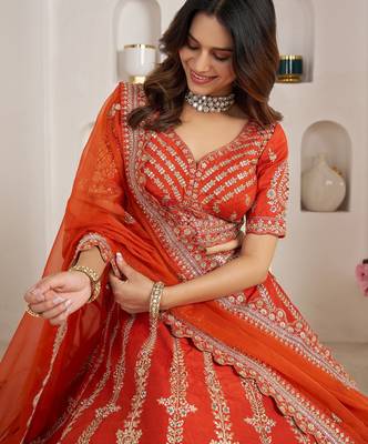 Orange Designer Embroidery With Hand Work Silk Blend Semi Stitched Lehenga Set 2