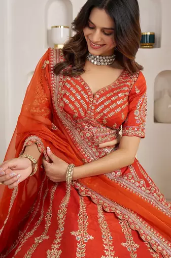 Orange Designer Embroidery With Hand Work Silk Blend Semi Stitched Lehenga Set