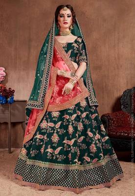 Green Stone Embroidered & Sequins Silk Blend Semi Stitched Lehenga Set 1