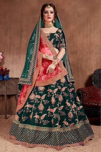 Green Stone Embroidered & Sequins Silk Blend Semi Stitched Lehenga Set