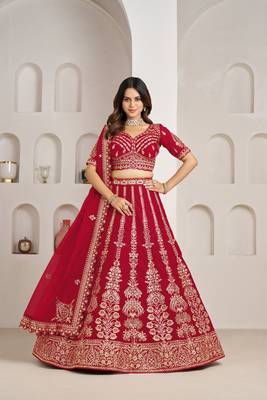 Red Designer Embroidery With Hand Work Silk Blend Semi Stitched Lehenga Set 1