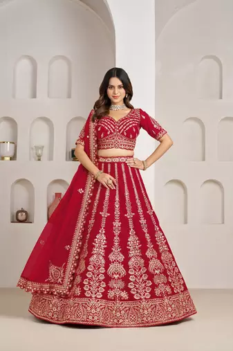 Red Designer Embroidery With Hand Work Silk Blend Semi Stitched Lehenga Set