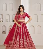 Red Designer Embroidery With Hand Work Silk Blend Semi Stitched Lehenga Set