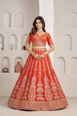 Orange Designer Embroidery With Hand Work Silk Blend Semi Stitched Lehenga Set 3