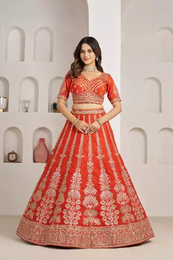 Orange Designer Embroidery With Hand Work Silk Blend Semi Stitched Lehenga Set
