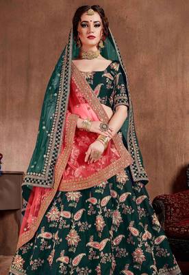 Green Stone Embroidered & Sequins Silk Blend Semi Stitched Lehenga Set 2