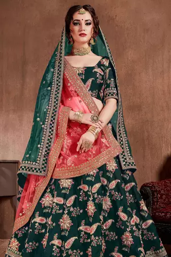 Green Stone Embroidered & Sequins Silk Blend Semi Stitched Lehenga Set