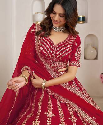 Red Designer Embroidery With Hand Work Silk Blend Semi Stitched Lehenga Set 2