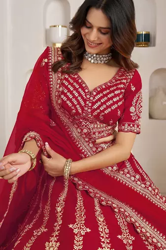 Red Designer Embroidery With Hand Work Silk Blend Semi Stitched Lehenga Set