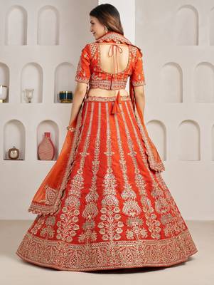 Orange Designer Embroidery With Hand Work Silk Blend Semi Stitched Lehenga Set 4