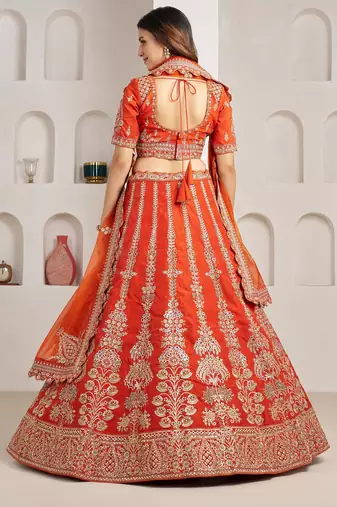 Orange Designer Embroidery With Hand Work Silk Blend Semi Stitched Lehenga Set