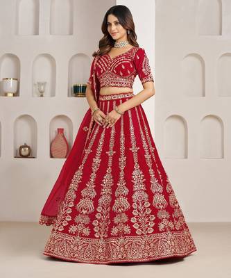 Red Designer Embroidery With Hand Work Silk Blend Semi Stitched Lehenga Set 3