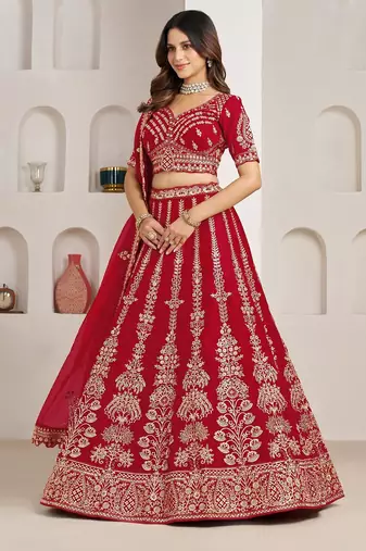 Red Designer Embroidery With Hand Work Silk Blend Semi Stitched Lehenga Set