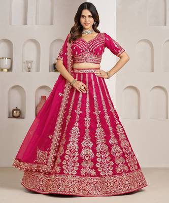 Rani Pink Designer Embroidery With Hand Work Silk Blend Semi Stitched Lehenga Set 1