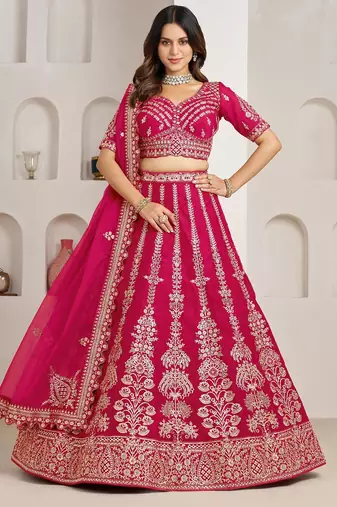 Rani Pink Designer Embroidery With Hand Work Silk Blend Semi Stitched Lehenga Set