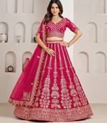 Rani Pink Designer Embroidery With Hand Work Silk Blend Semi Stitched Lehenga Set
