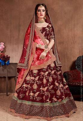 Maroon Stone Embroidered & Sequins Silk Blend Semi Stitched Lehenga Set 1