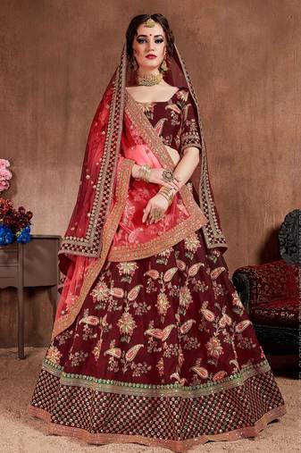 Maroon Stone Embroidered & Sequins Silk Blend Semi Stitched Lehenga Set