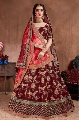 Maroon Stone Embroidered & Sequins Silk Blend Semi Stitched Lehenga Set
