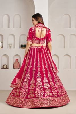 Rani Pink Designer Embroidery With Hand Work Silk Blend Semi Stitched Lehenga Set 2