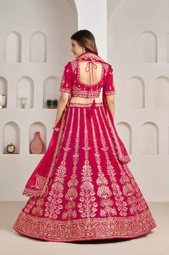 Rani Pink Designer Embroidery With Hand Work Silk Blend Semi Stitched Lehenga Set