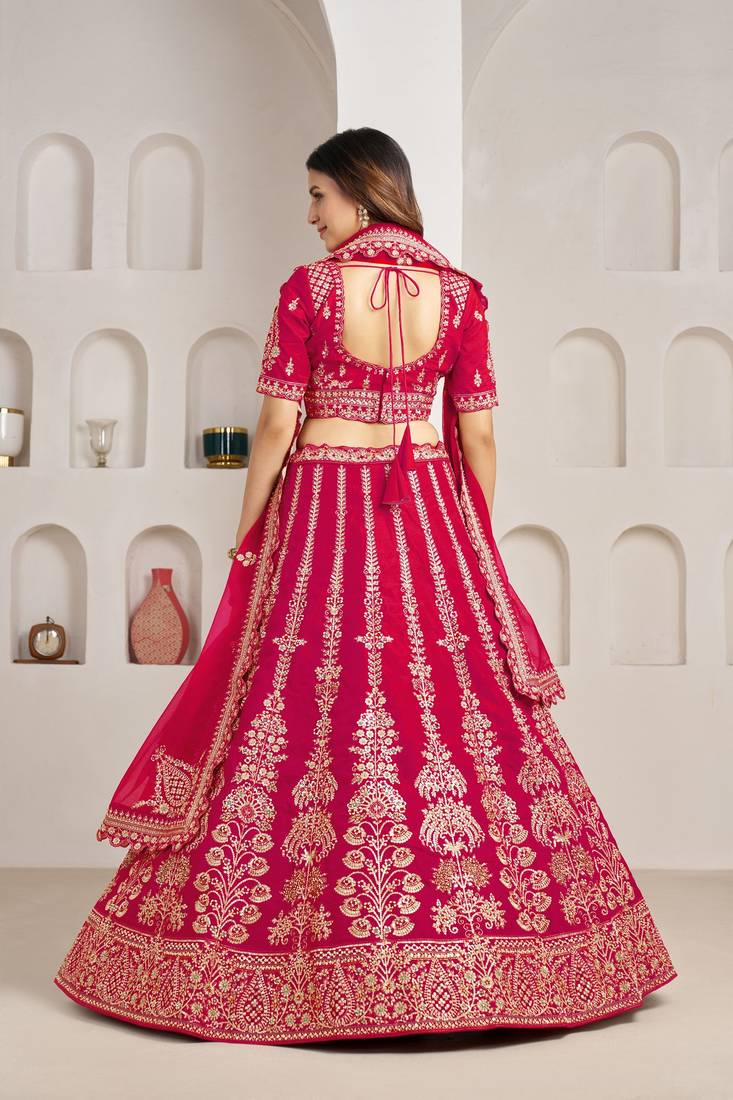 Rani Pink Designer Embroidery With Hand Work Silk Blend Semi Stitched Lehenga Set