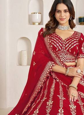 Red Designer Embroidery With Hand Work Silk Blend Semi Stitched Lehenga Set 4