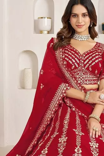 Red Designer Embroidery With Hand Work Silk Blend Semi Stitched Lehenga Set