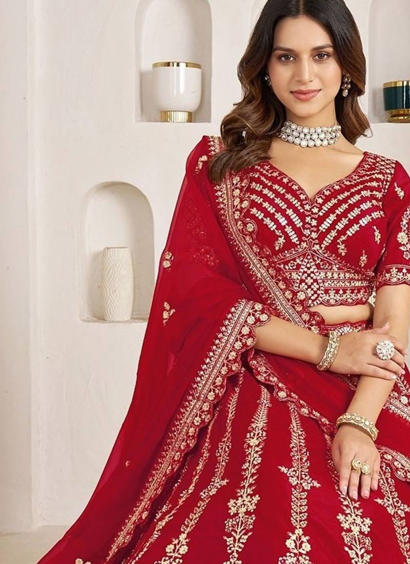 Red Designer Embroidery With Hand Work Silk Blend Semi Stitched Lehenga Set