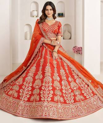 Orange Designer Embroidery With Hand Work Silk Blend Semi Stitched Lehenga Set 5