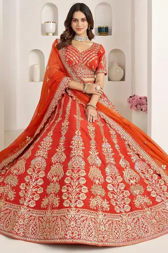 Orange Designer Embroidery With Hand Work Silk Blend Semi Stitched Lehenga Set