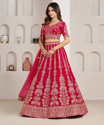 Rani Pink Designer Embroidery With Hand Work Silk Blend Semi Stitched Lehenga Set 3