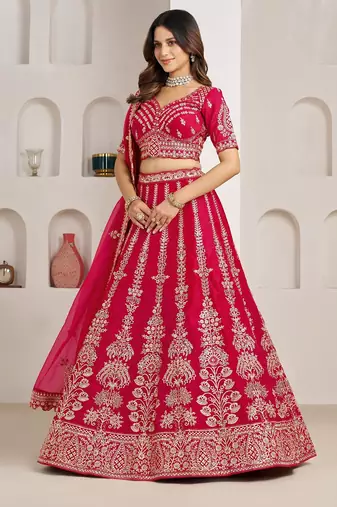 Rani Pink Designer Embroidery With Hand Work Silk Blend Semi Stitched Lehenga Set
