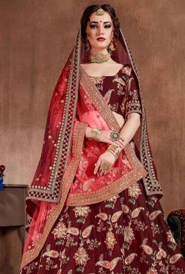Maroon Stone Embroidered & Sequins Silk Blend Semi Stitched Lehenga Set 2